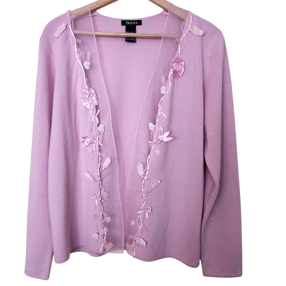 Vtg Women L Open Cardigan Sweater Pink Sheer Floral Applique Coquette Romantic